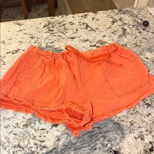 SHEIN Orange Frayed Hem Jean Shorts with Drawstring